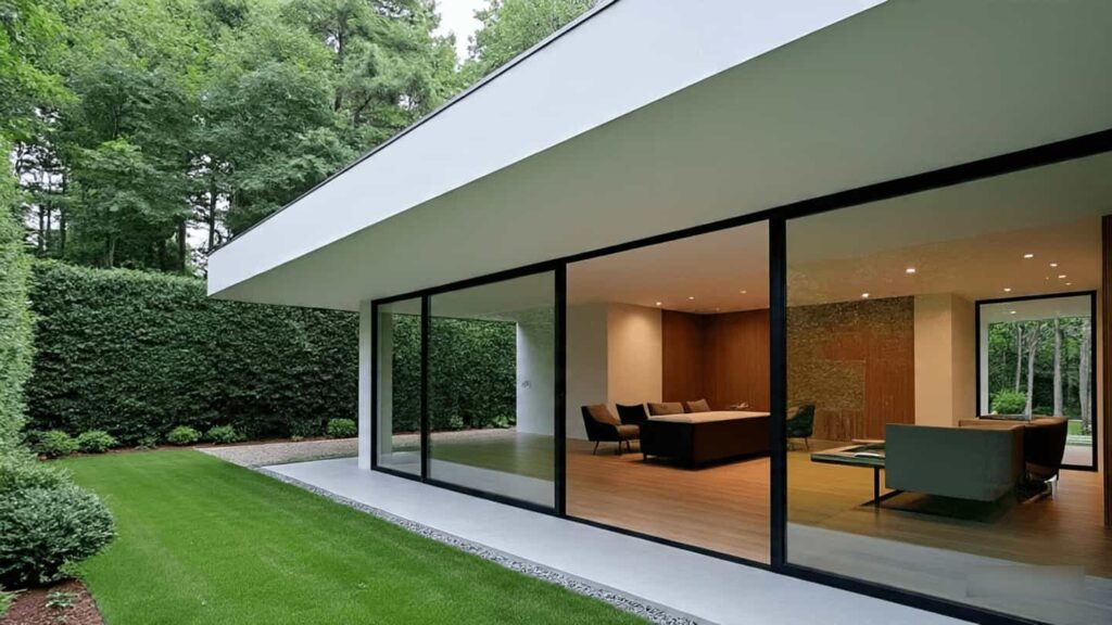 Contemporary home exterior with aluminium sliding doors at sunset lighting