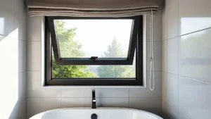 Aluminium Awning window above a bathtub in a modern bathroom, open for ventilation while maintaining privacy.
