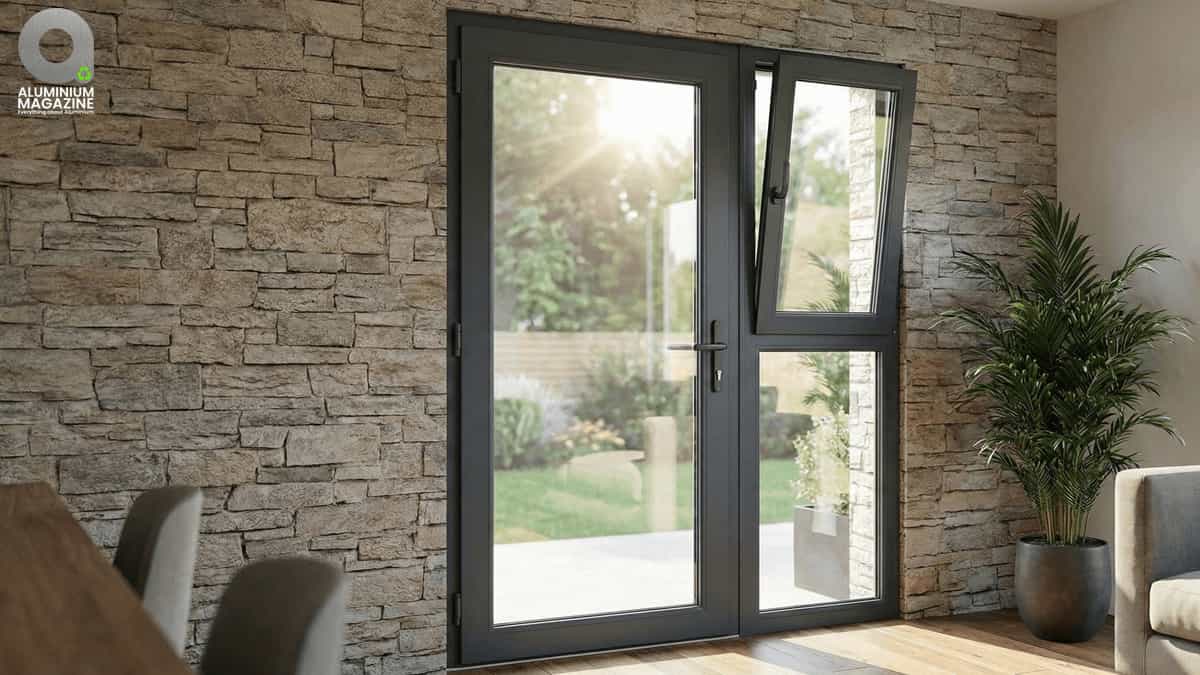 Aluminium casement door next to stone wall exterior