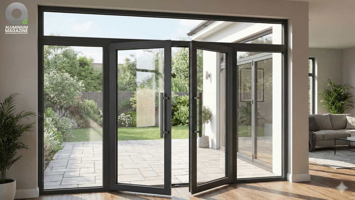 Wide aluminium casement doors in living area
