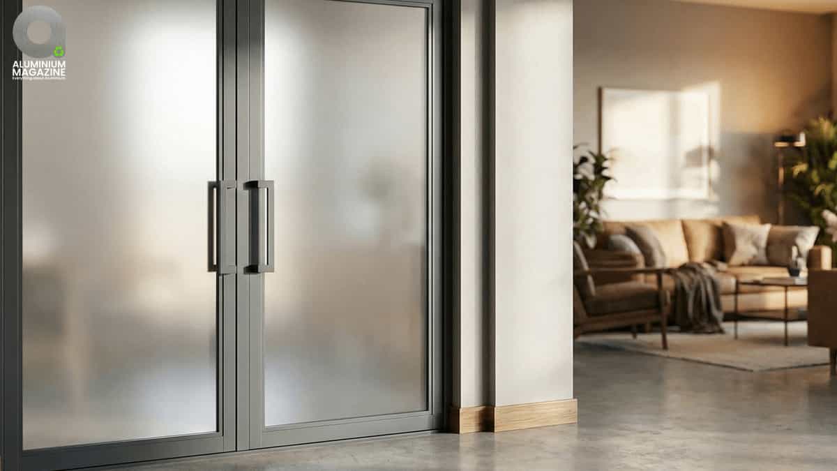 Aluminium casement door frame and handle detail