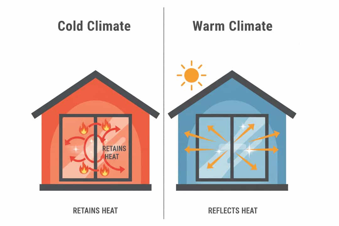Infographic comparing how Low-E glass works in cold and warm climates, showing heat being reflected to maintain interior temperatures.
