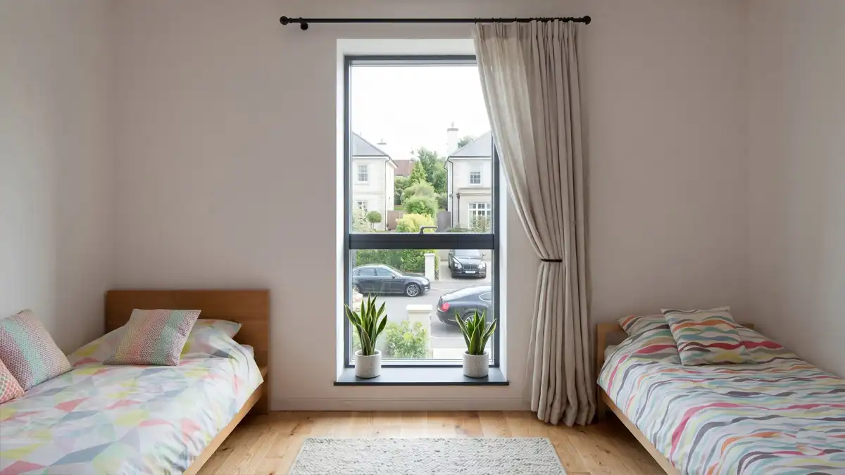 Modern bedroom interior featuring an aluminum awning window with a fixed bottom panel, overlooking a posh residential neighborhood.