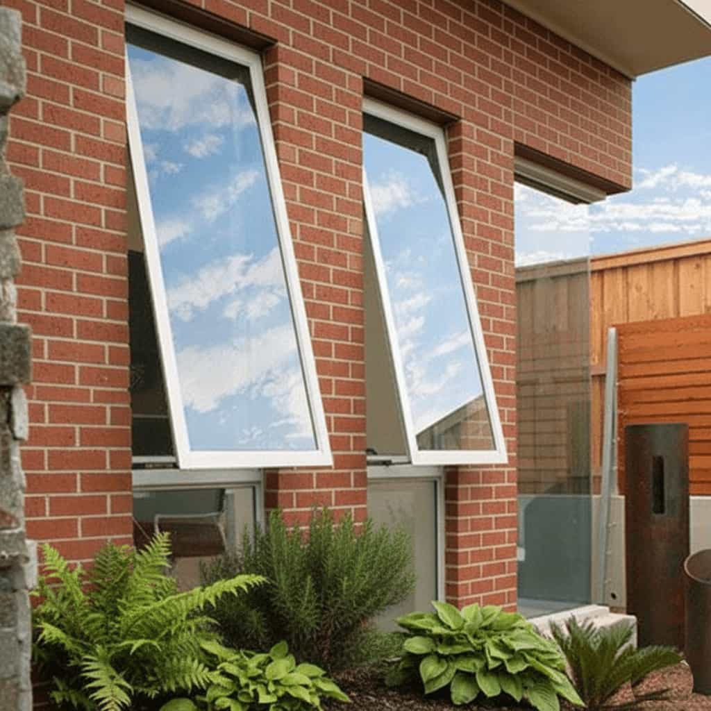 Two tall, white aluminium awning windows open wide on a red brick residential exterior, providing excellent ventilation for a living room area.