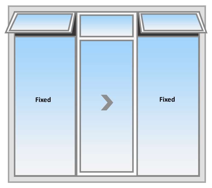 Single Pane Sliding System. Both side fixed portion with top ventilation options