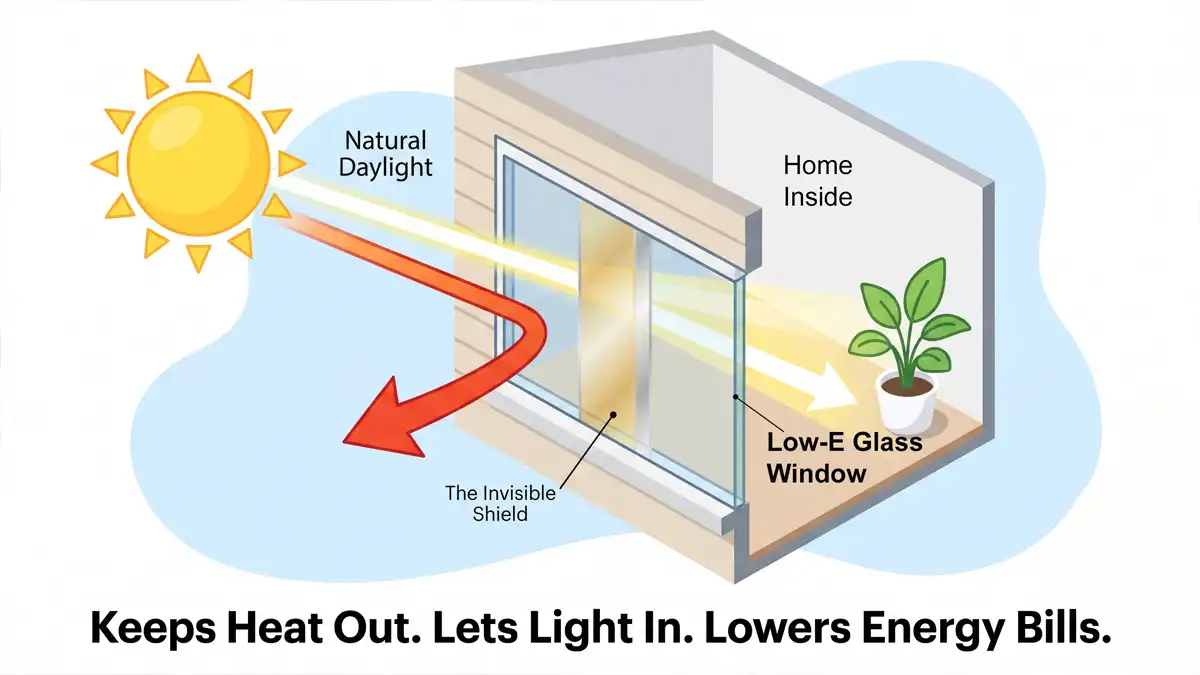 Illustration showing how Low-E glass works: bright yellow sunlight shines on a house window, white visible light passes through to light up a plant inside, while red heat rays bounce backward off a shiny silver coating layer on the glass, with a banner reading 'Keeps Heat Out. Lets Light In. Lowers Energy Bills.