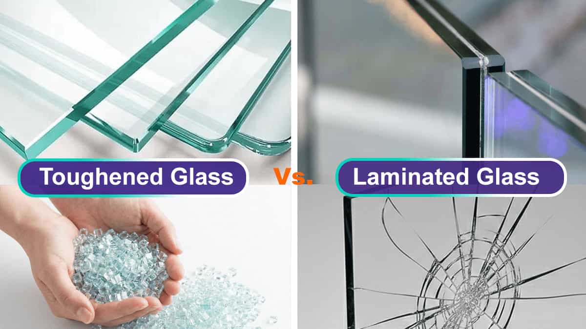 Toughened vs Laminated Glass comparison diagram showing how laminated glass holds together when broken and tempered glass shatters into small pieces.