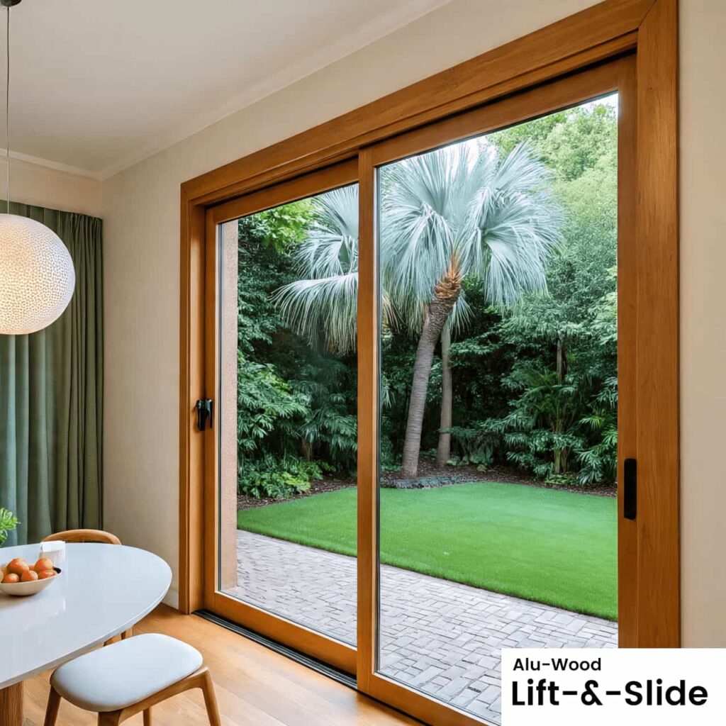 A high-quality image of an alu-wood lift and slide door system, explicitly labeled "Alu-Wood Lift-&-Slide." The door features a warm wooden interior frame and seamlessly connects a bright, modern dining area to a lush green outdoor patio and garden.