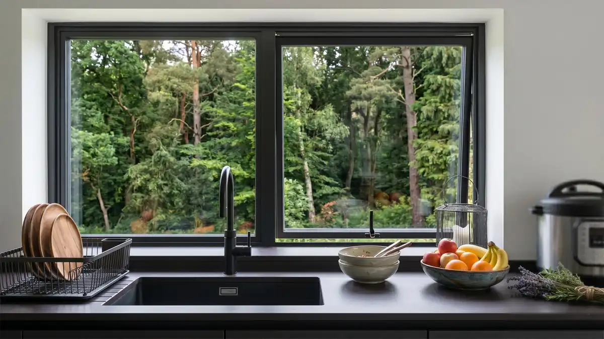 Aluminium awning window installed above a modern kitchen sink.