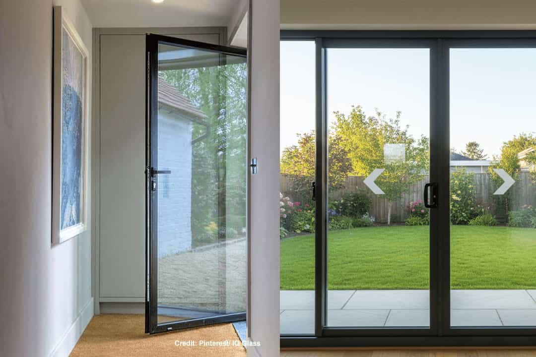 Close-up side-by-side comparison of two modern door types. On the left is an open black-framed casement door swinging inward into a hallway. On the right is a large black-framed sliding glass door overlooking a lush green backyard.
