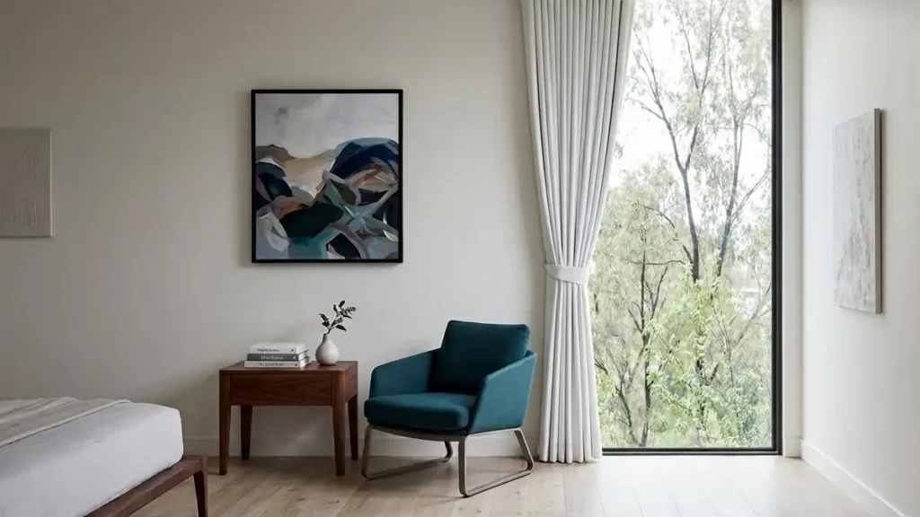 A large floor-to-ceiling aluminum fixed window in a modern, bright bedroom providing an unobstructed outdoor view.