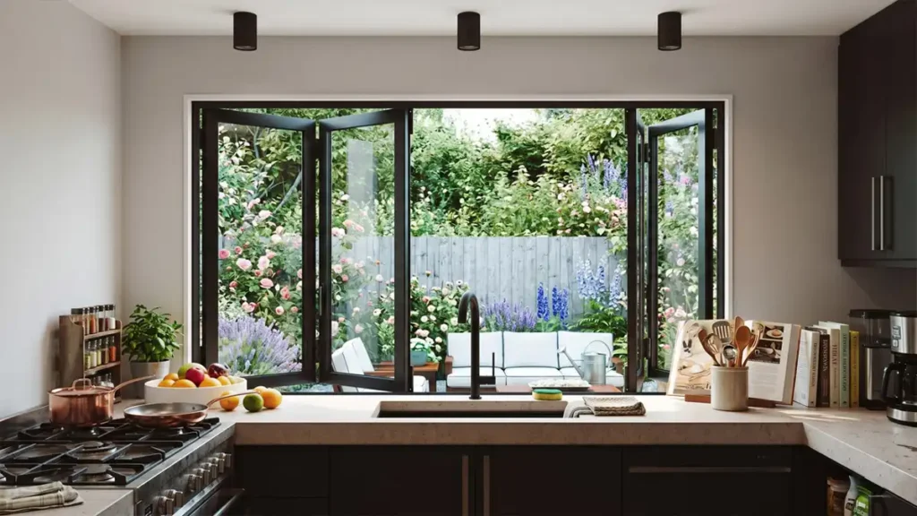 Fully opened black aluminium bifold kitchen window showcasing a busy countertop with a gas stove, utensils, and a lush UK cottage garden outside.