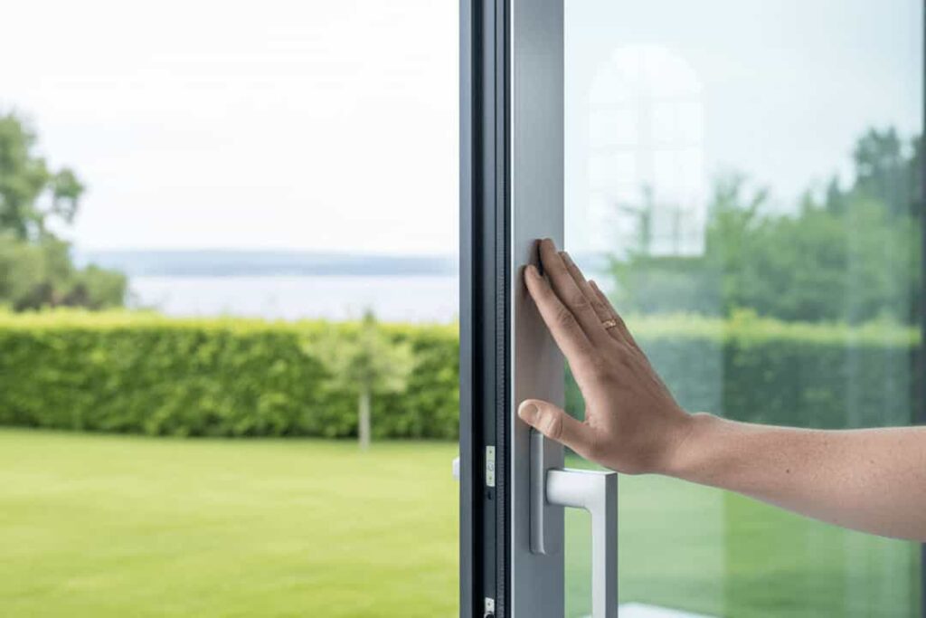 Close-up of a hand touching the sleek, slim aluminium frame and handle of a modern patio door, demonstrating the material's premium quality and minimalist design.