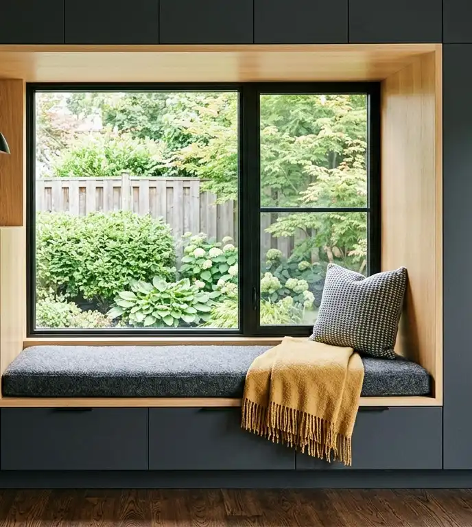 A contemporary minimalist black frame window integrated into a sleek modern window seat with hidden storage, clean wooden lining, and large open glass panes looking out to a garden.