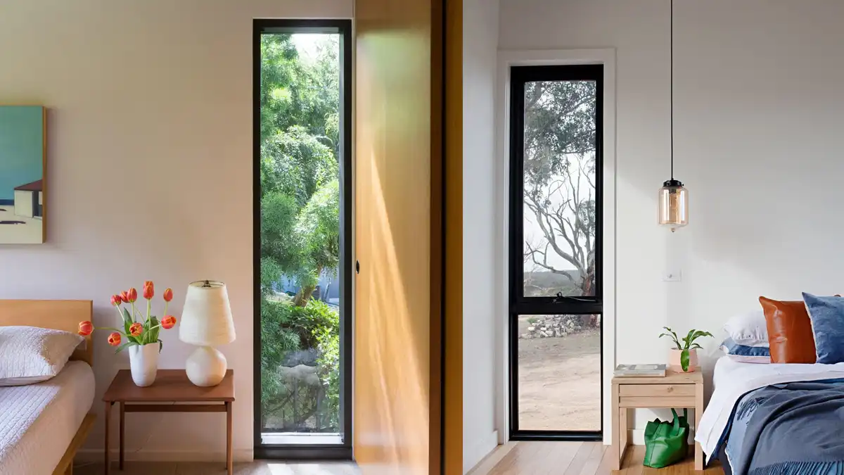 Left Side Fixed Window in Bedroom - Right Side Awning Window in Modern Bedroom