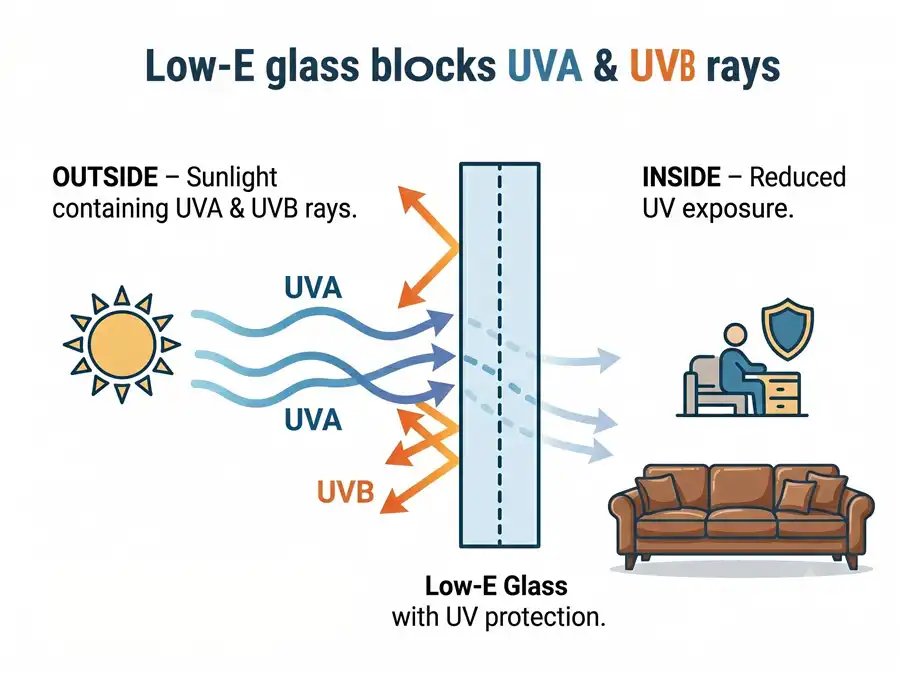 Diagram showing how Low-E glass with UV protection blocks UVB rays while reducing UVA penetration from outside sunlight, resulting in reduced UV exposure indoors.