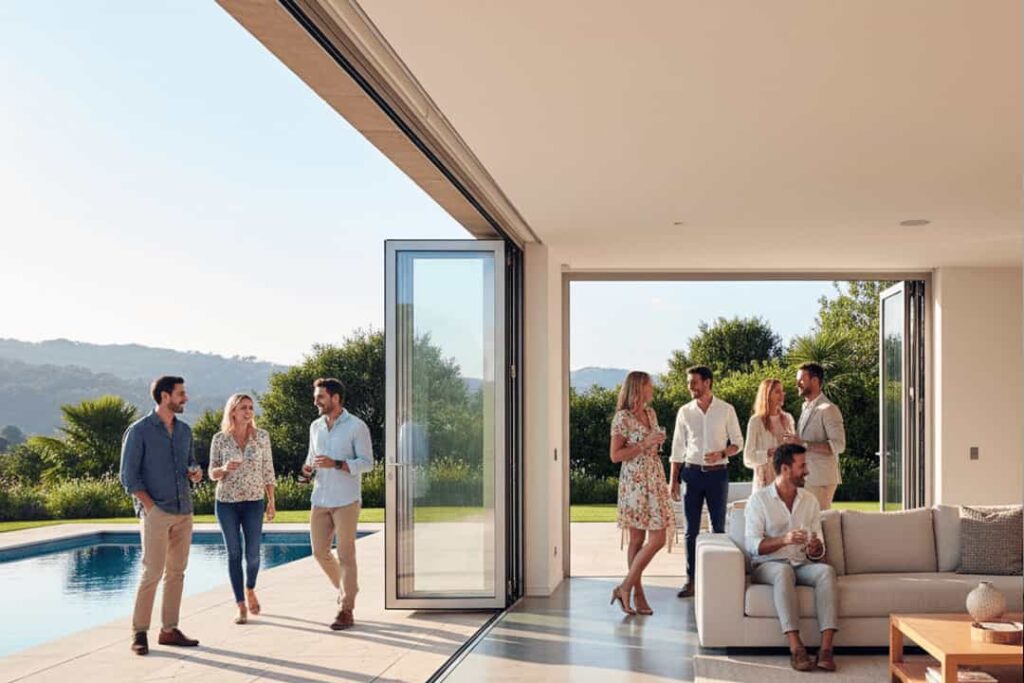 Open aluminium bi-fold doors creating a seamless transition from a modern luxury living room to an outdoor pool and patio where guests are socializing.