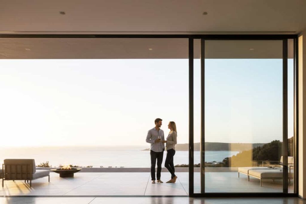 A couple standing on a minimalist outdoor patio enjoying a sunset view through large, open aluminium sliding glass doors.