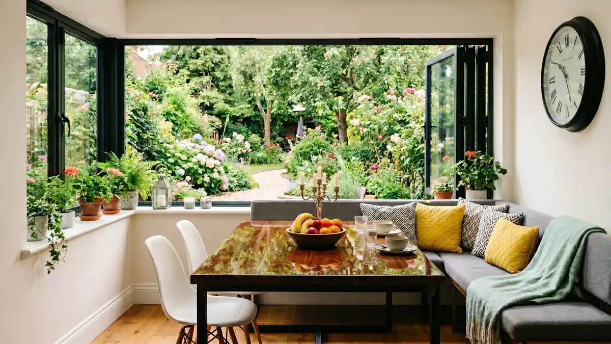 Modern dining area featuring opened black aluminum bi-fold windows looking out onto a lush green garden patio, showing a seamless indoor-outdoor transition.
