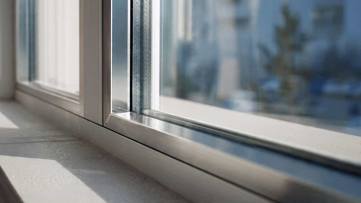Close-up of a high-quality aluminium window frame with clear tempered glass showing the clean finish and glazing bead.