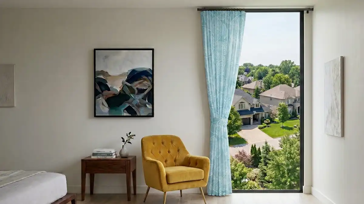 A contemporary bedroom featuring a large, floor-to-ceiling picture window overlooking a green, suburban neighborhood with a yellow accent chair nearby.