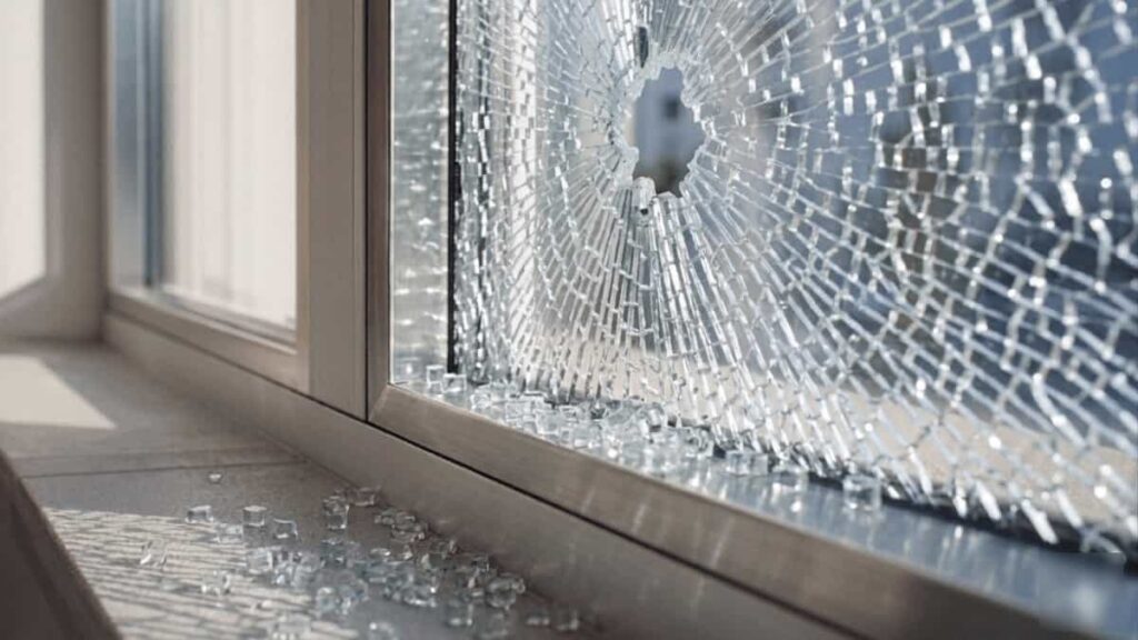 Broken tempered glass window shattered into small blunt cube-like pieces illustrating safety glass breakage pattern.