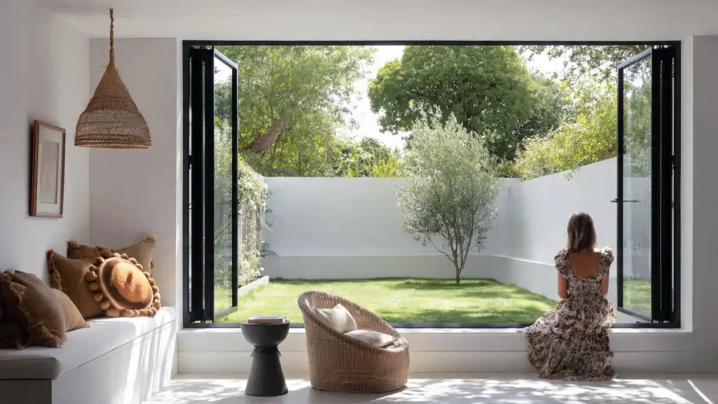 A woman sitting by a fully opened, black aluminum bi-fold window system with a symmetrical split configuration looking out onto a minimalist courtyard garden.