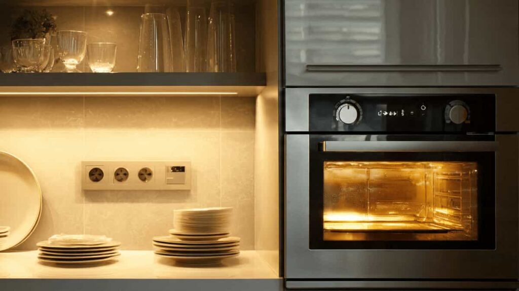 Modern kitchen with tempered glass oven door, table top, and shelves