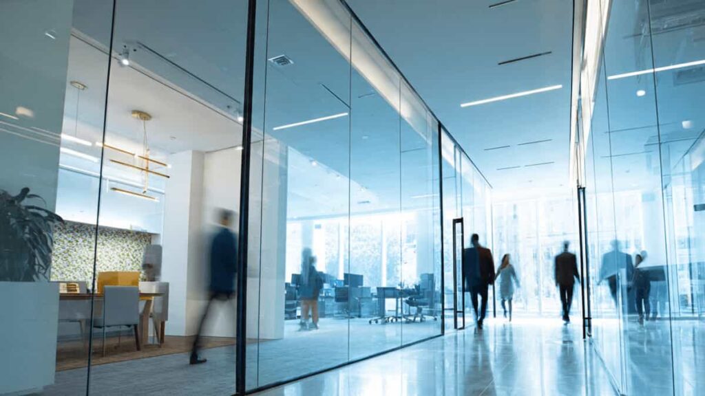Office space with tempered glass partitions and doors