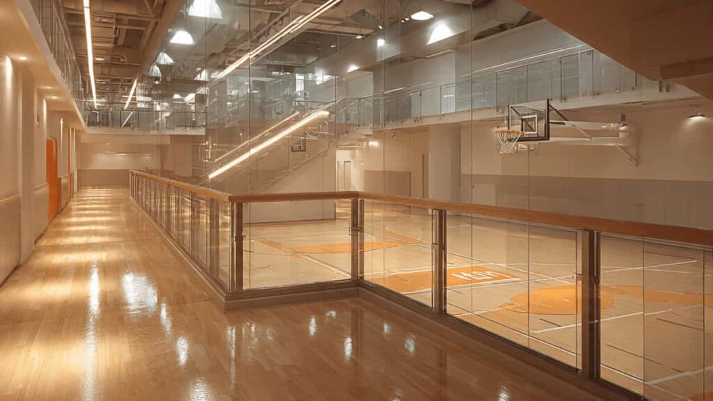 Sports facility with tempered glass barriers for basketball and gym areas