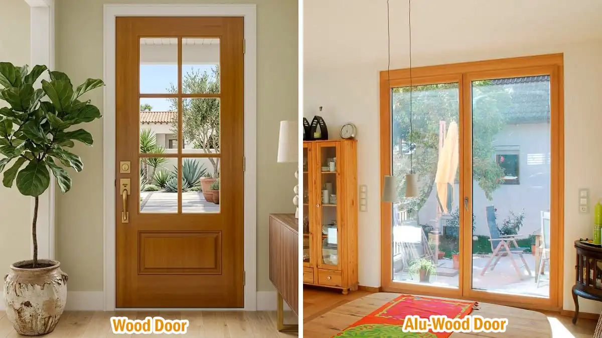 Side-by-side comparison of a traditional six-lite glass panel solid wood front door and a modern, energy efficient large alu-wood sliding patio door looking out onto a backyard.
