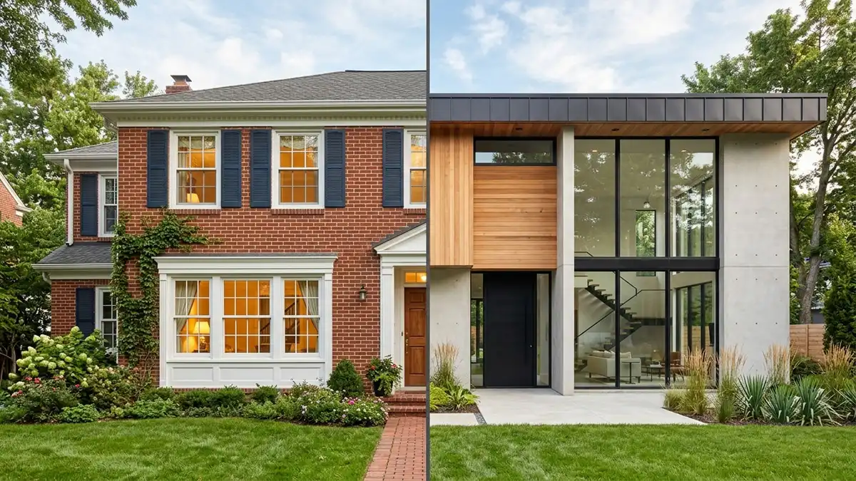 A side-by-side exterior comparison showing a traditional brick house with multi-pane windows and shutters next to a contemporary house with large floor-to-ceiling glass window walls.