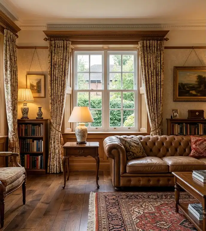 Traditional double-hung white window with a gridded multi-pane design, framed by ornate wood trim, crown molding, and classic patterned drapes in a luxury living room.