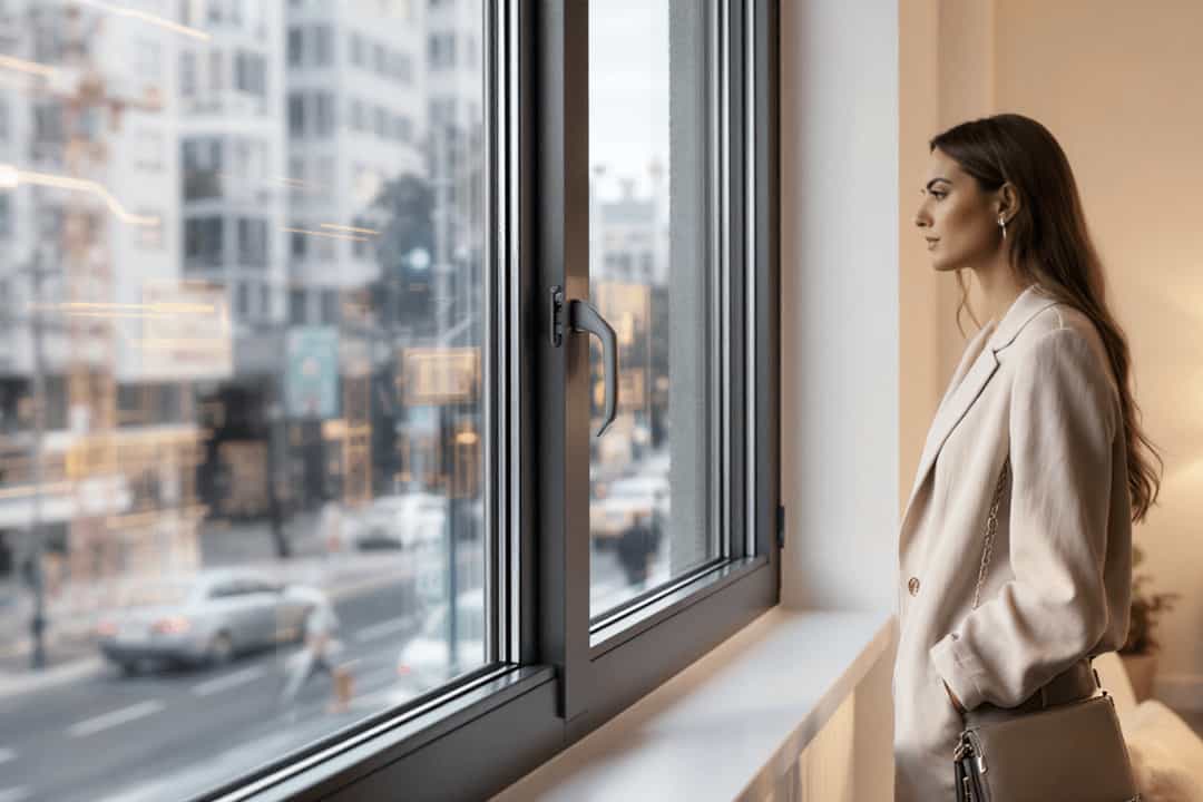A beautiful woman stands near a slim, modern dark grey aluminium triple-pane window frame. The image uses a split-screen effect: the chaotic, noisy city street is blurred outside, contrasting with the calm, minimalist interior, emphasizing the window's superior noise and heat reduction.