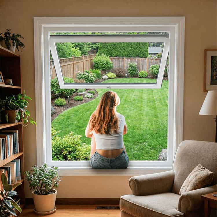 A woman with long reddish hair sits in a large white awning window, looking out at a lush green backyard with a garden. The room features a bookshelf with plants and a beige armchair.