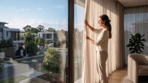 Woman opening curtains near glass window with sunlight showing UV protection in modern home