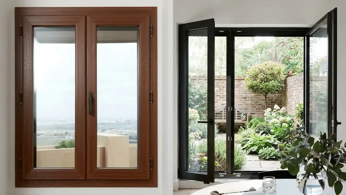 A side-by-side comparison showing a classic brown wood casement window on the left and an open black aluminum frame glass door leading to a garden patio on the right.