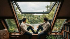 Two people sitting inside a cozy loft space beside an open aluminium awning window, looking out toward a green forest and lake.