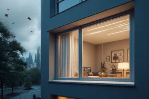 High-quality image of a modern aluminum window and frame during a storm, illustrating strong wind resistance and durability.