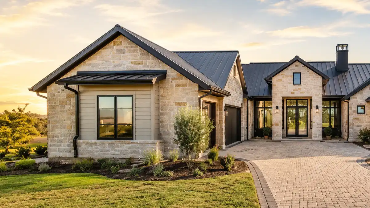 Modern stone exterior ranch house featuring energy-efficient black aluminum window frames and multi-pane low-E glass windows under a clear sunset sky.