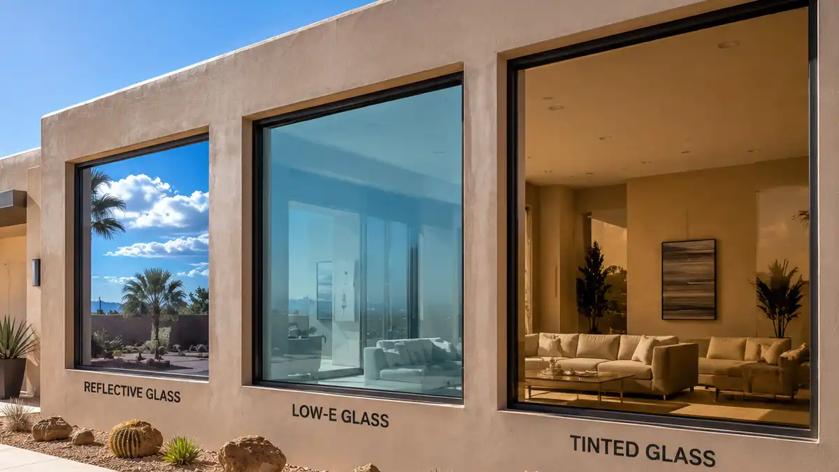 Comparison of reflective, Low-E, and tinted window glass options for hot climates