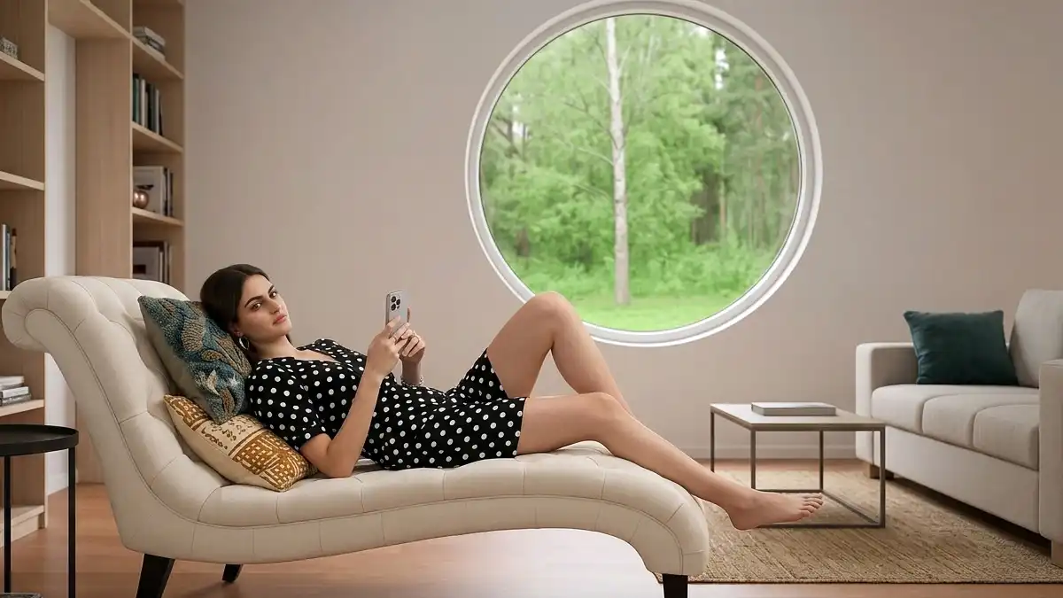 A large modern white aluminium circle window framing a view of green trees in a minimalist living room interior with a woman on a chaise lounge.
