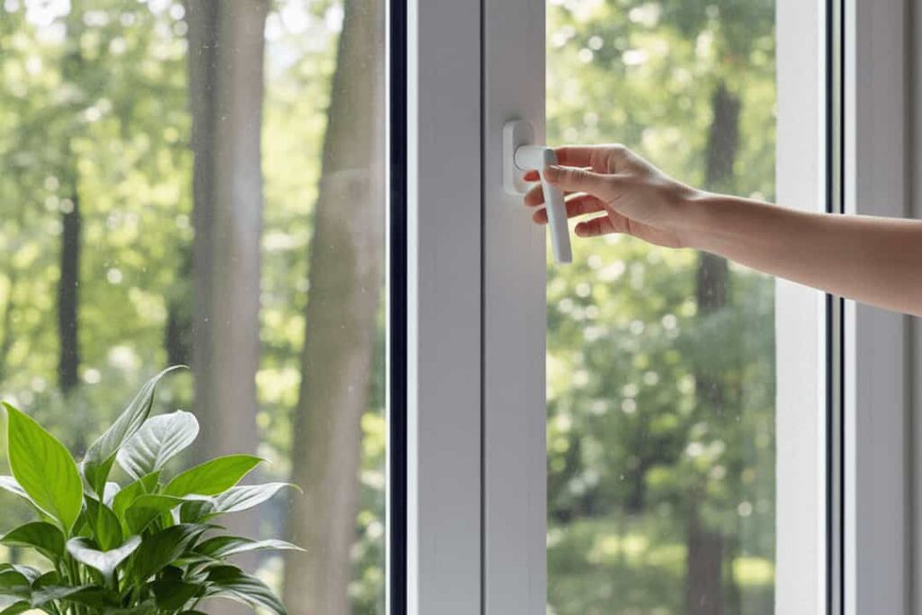 A close-up shot of a person's hand reaching for the white handle of a modern, clean-lined window. The left side of the window shows a blurred background of green trees and sunlight, while a green houseplant is visible in the foreground.
