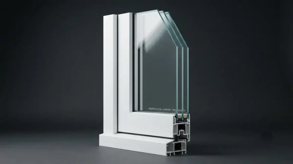 Triple glazed glass unit showing three panes