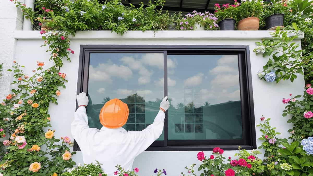 Worker installing a black aluminium sliding window from the garden exterior surrounded by plants and flowers.