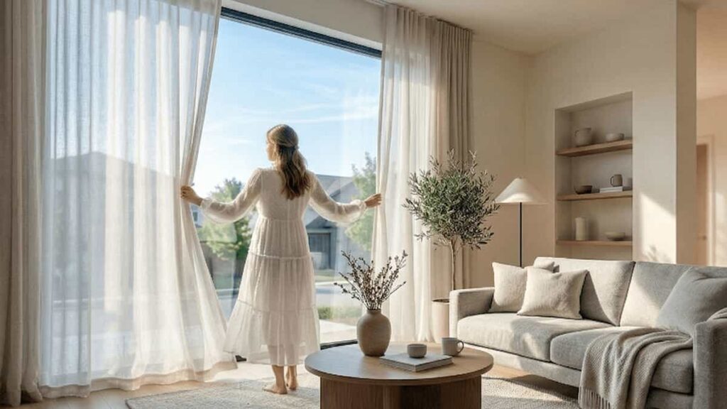 Woman opening beige curtains near glass window with natural sunlight showing light temperature in modern home