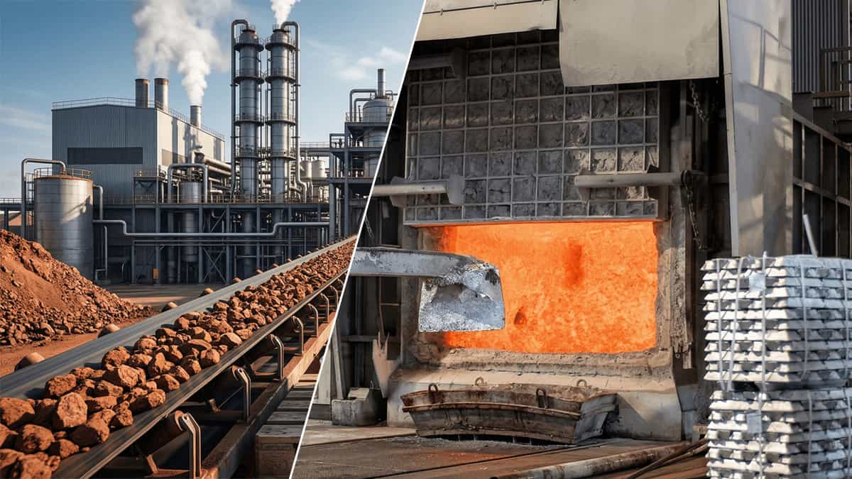 Aluminium production process from bauxite mining to electrolysis showing Bayer process digesters and modern smelting hall with molten aluminium