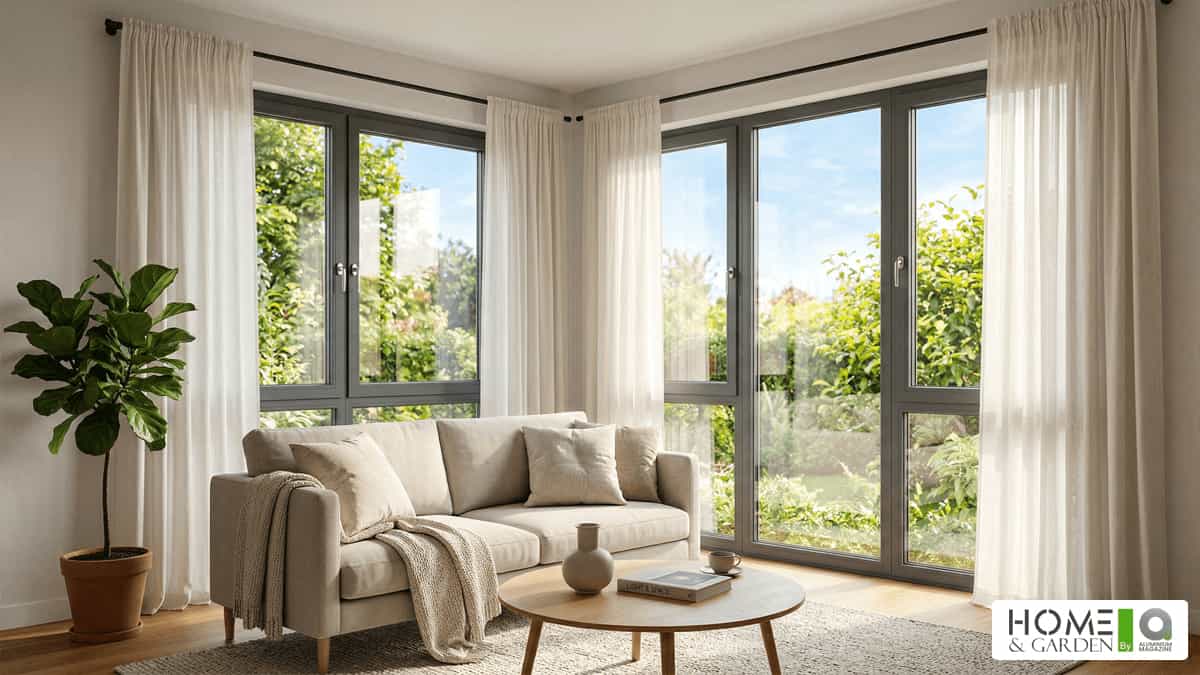 Modern aluminium window with sunlight showing energy efficiency and reduced heat loss in home
