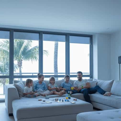 Family sitting comfortably on a sofa in a living room with large, tinted windows, enjoying a game without excessive heat or glare.
