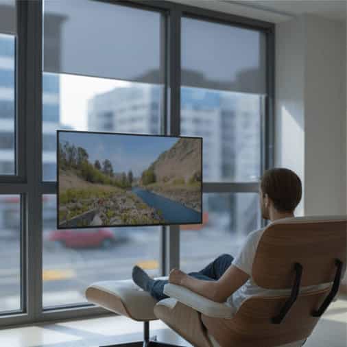 Man relaxing in a recliner chair and watching a clear television screen in front of a large, tinted window, demonstrating zero glare.
